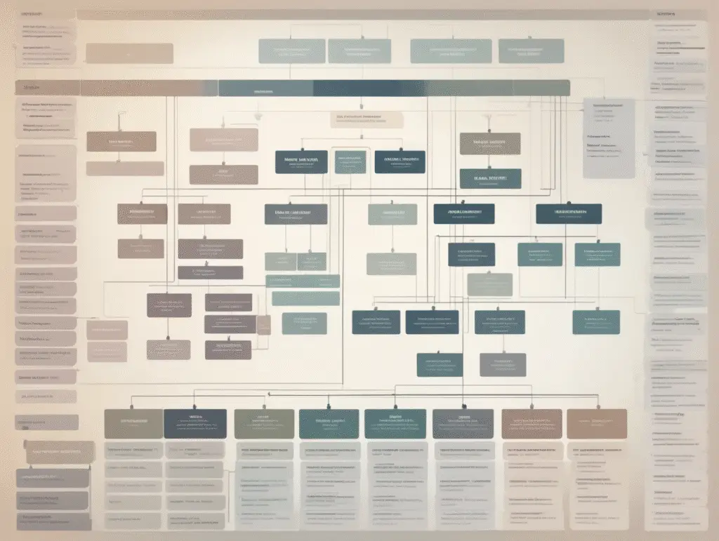 Complex flowchart with interconnected concepts
