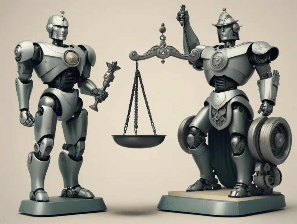 Two robots holding a balance scale.