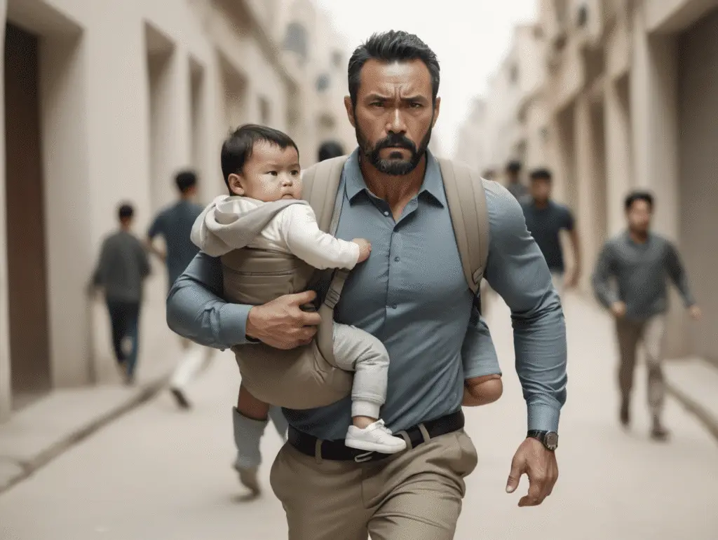 Man carrying child in busy street.