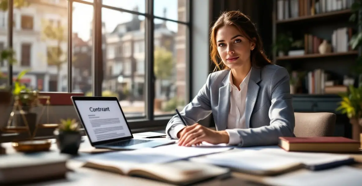 10 Crucial Tips for Navigating Dutch Contract Law Successfully 1 Professional reviews Dutch legal documents in an Amsterdam office with cityscape view.