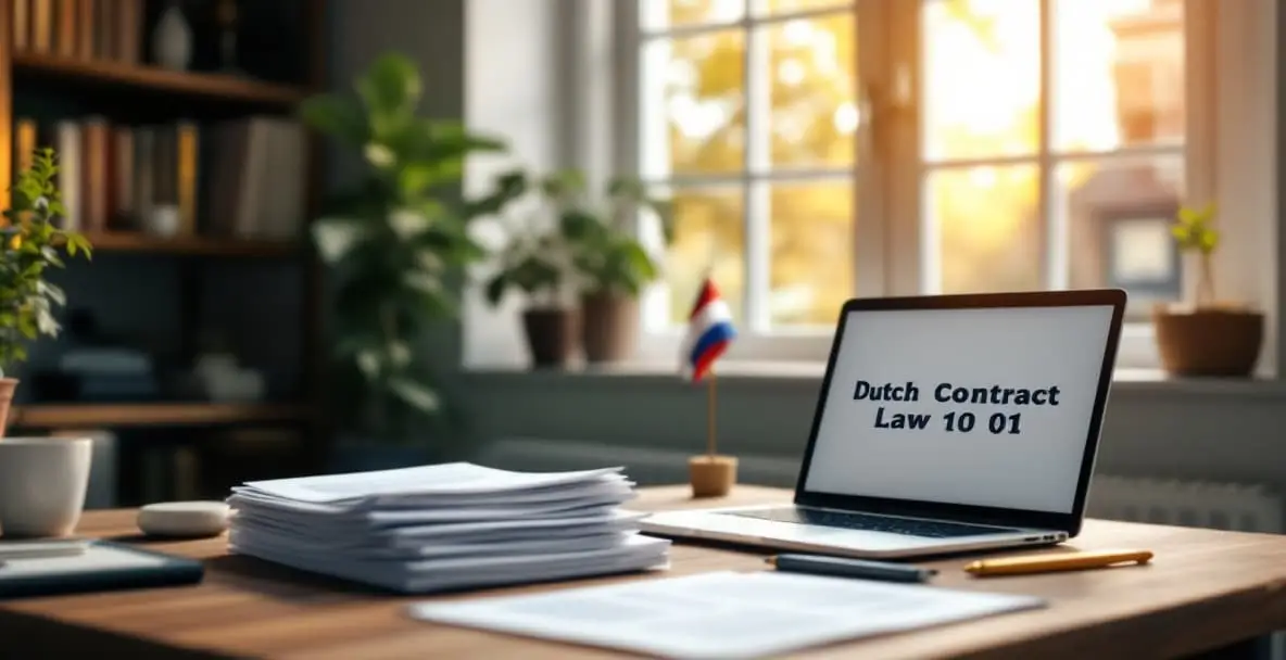 10 Crucial Tips for Navigating Dutch Contract Law Successfully 2 Serene office with a desk focusing on Dutch contract law materials.
