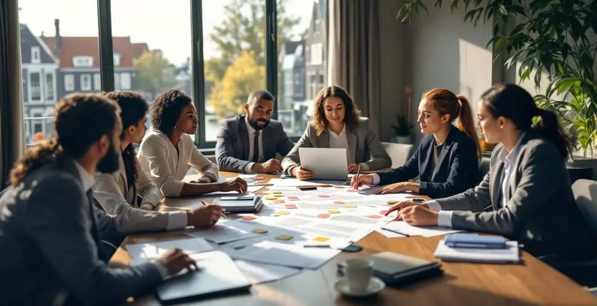 10 Crucial Tips for Navigating Dutch Contract Law Successfully 3 Professionals in a conference room reviewing a Dutch contract with a cityscape view.