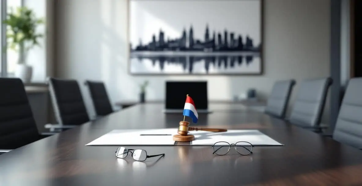 10 Crucial Tips for Navigating Dutch Contract Law Successfully 4 Office setting with Dutch legal documents, laptop, gavel, eyeglasses, and a flag on a conference table.