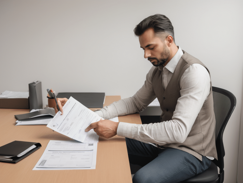 Man reviewing documents at desk.