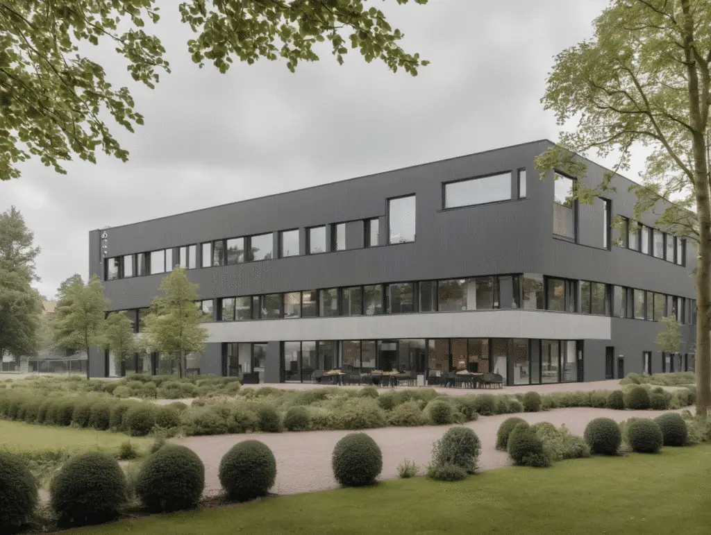 Modern building surrounded by landscaped gardens.