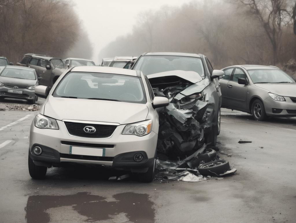 Severe car crash on foggy road