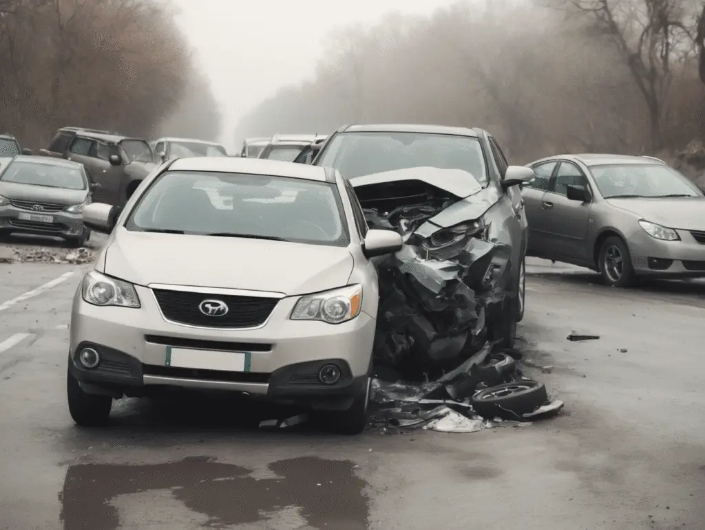 Severe car crash on foggy road