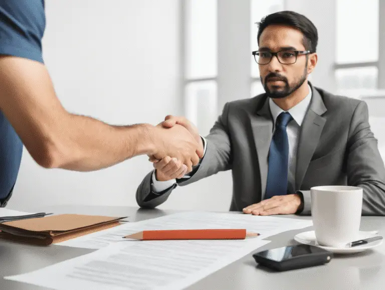 A handshake over a desk, with a man seated behind
