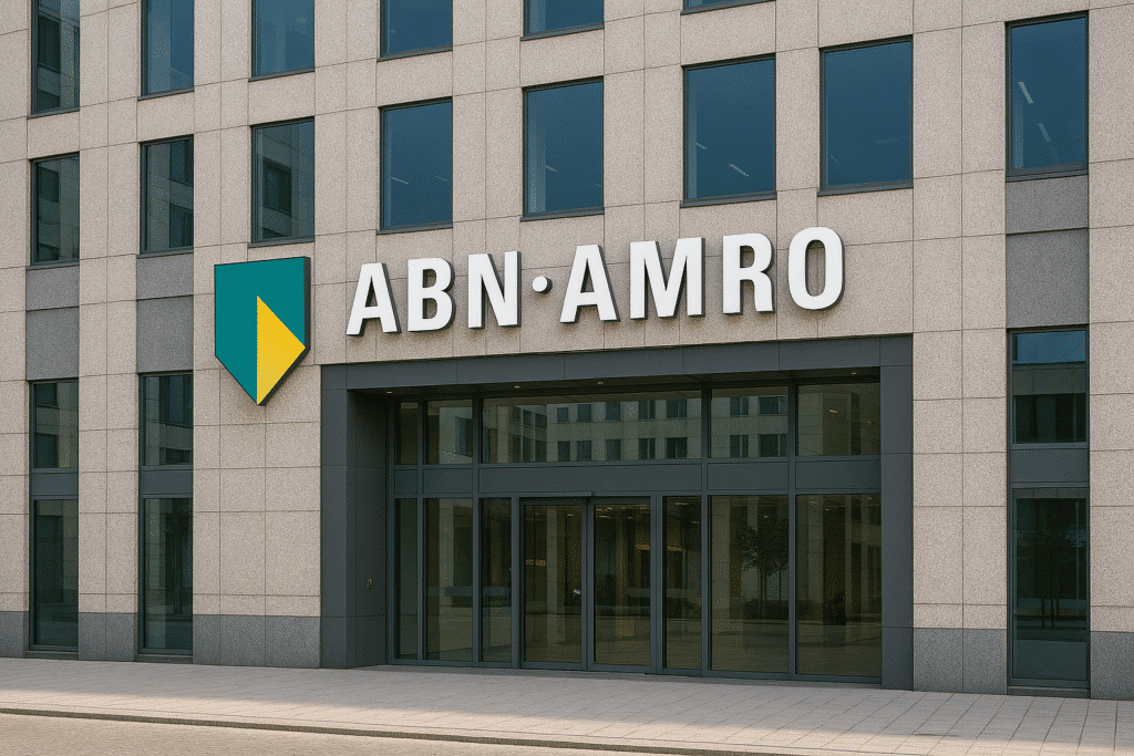 Modern bank building with logo