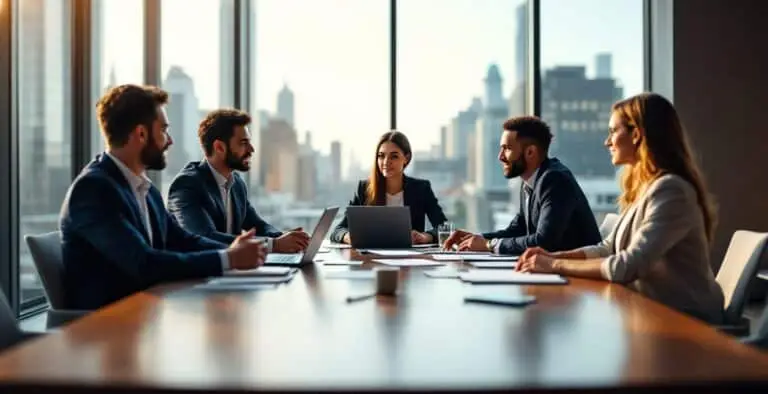People seated around a boardroom table with a city skyline behind them