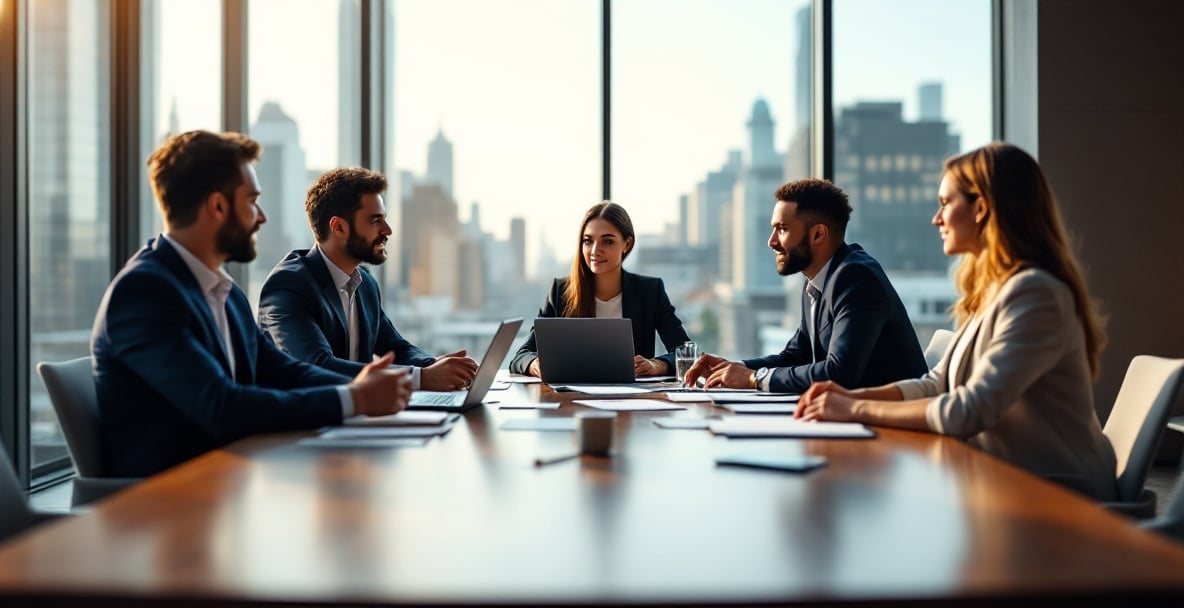 Diverse professionals discuss arbitration in a modern boardroom with cityscape view.