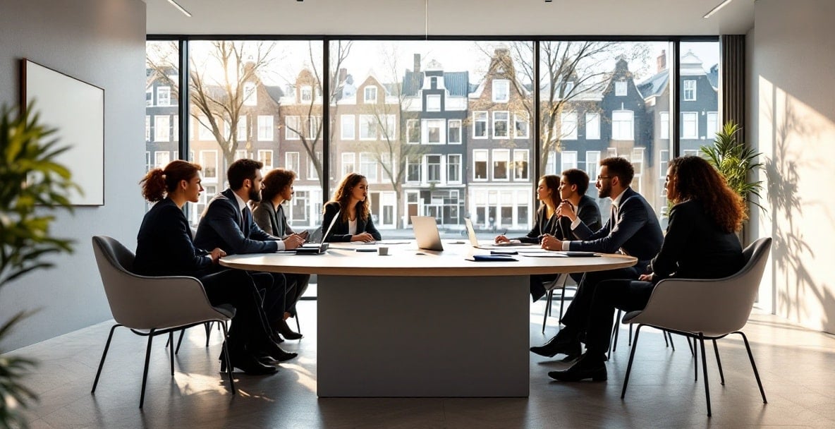 European arbitration scene in a Dutch conference room with diverse professionals.