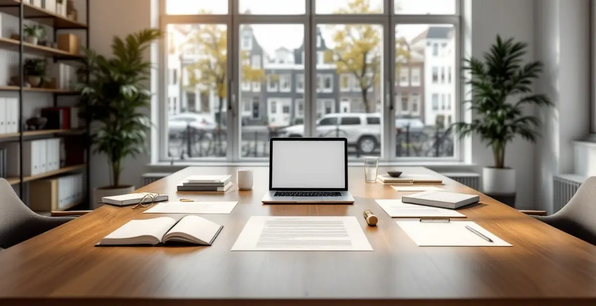 Interior ng isang minimalistic law office na may mga legal na libro, laptop, at view ng Amsterdammga kanal.
