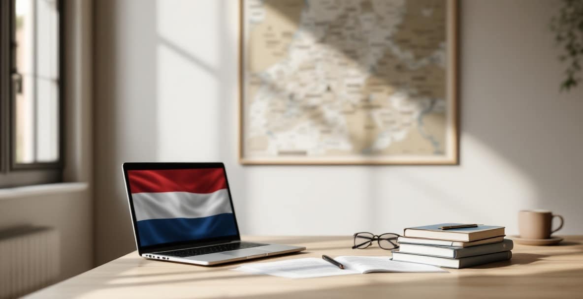 Best Practices for Dutch Real Property Law Specialists 4 Minimalist office with Dutch law books, laptop showing property law, and map of Netherlands.