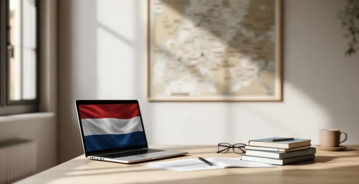 Minimalist na opisina na may Dutch law books, laptop na nagpapakita ng property law, at mapa ng Netherlands.