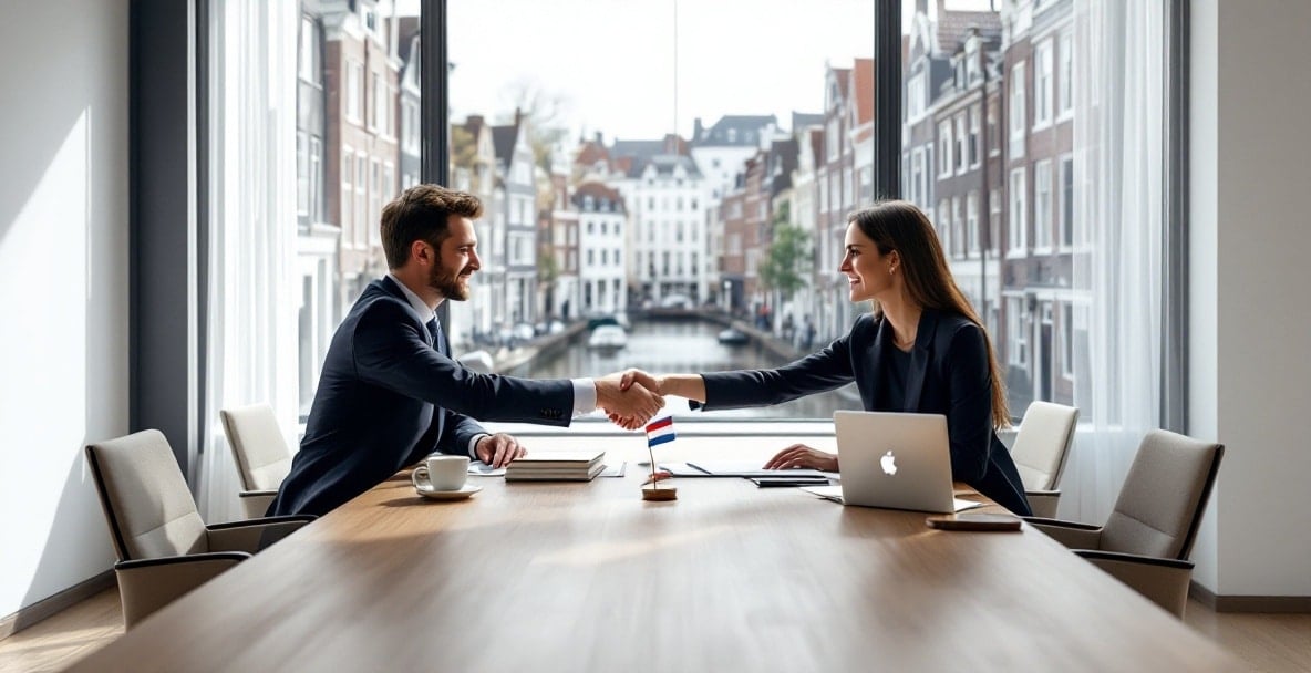 Best Practices for Dutch Real Property Law Specialists 5 Business professionals shaking hands over Dutch property deal in a modern conference room.