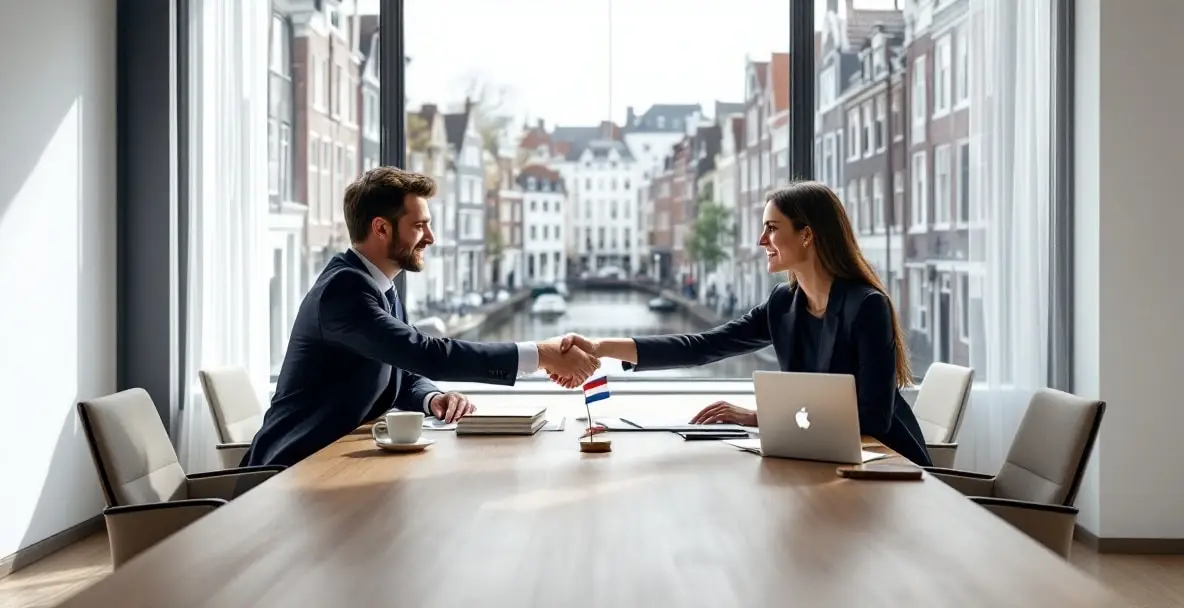 Nakipagkamay ang mga propesyonal sa negosyo sa Dutch property deal sa isang modernong conference room.
