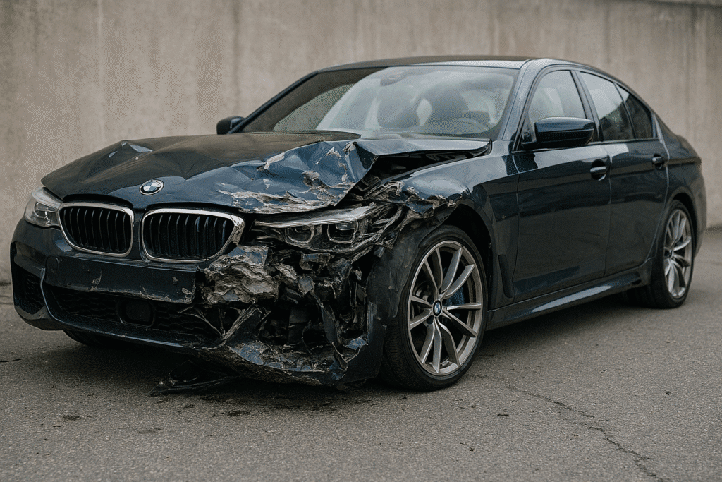 Damaged BMW with significant front impact.