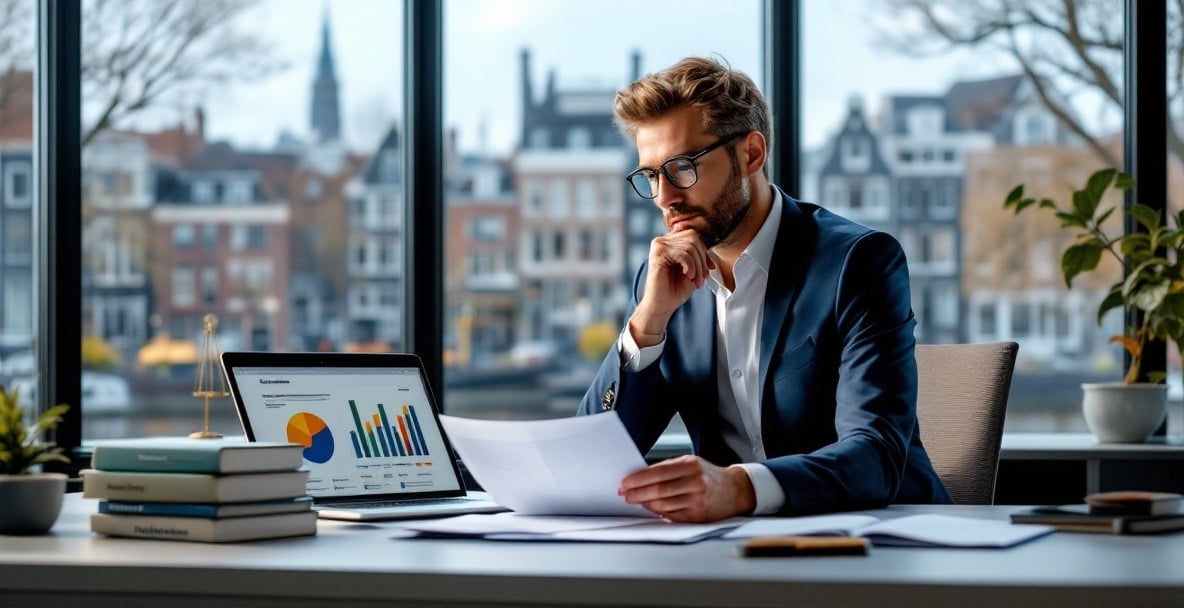 Pejabat undang-undang Belanda moden dengan peguam menyemak dokumen mengenai harta intelek.