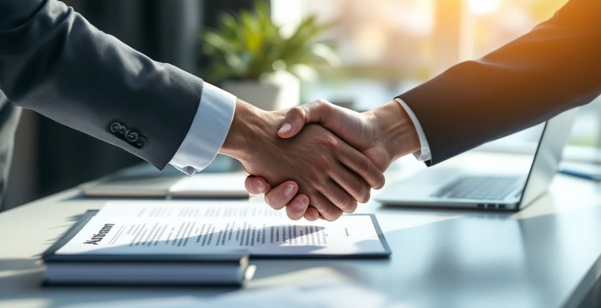 Berjabat tangan antara pemaju dan kontraktor atas dokumen berlabel 'Perjanjian' dan 'Kontrak'.