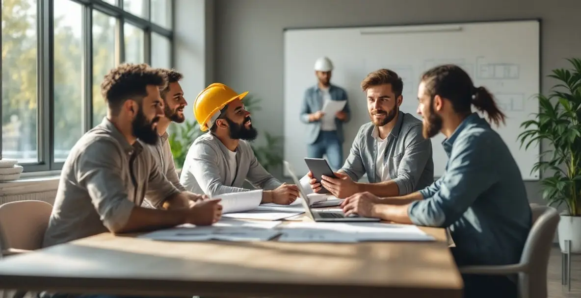 Kooperatiounsofkommes tëscht Entwéckler an Entreprisen 4 Entwéckler an Entreprisen an Diskussioun un engem modernen Konferenzdësch.