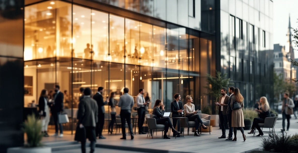 Modern Dutch office building with 'For Lease' sign and business professionals with Amsterdam skyline.