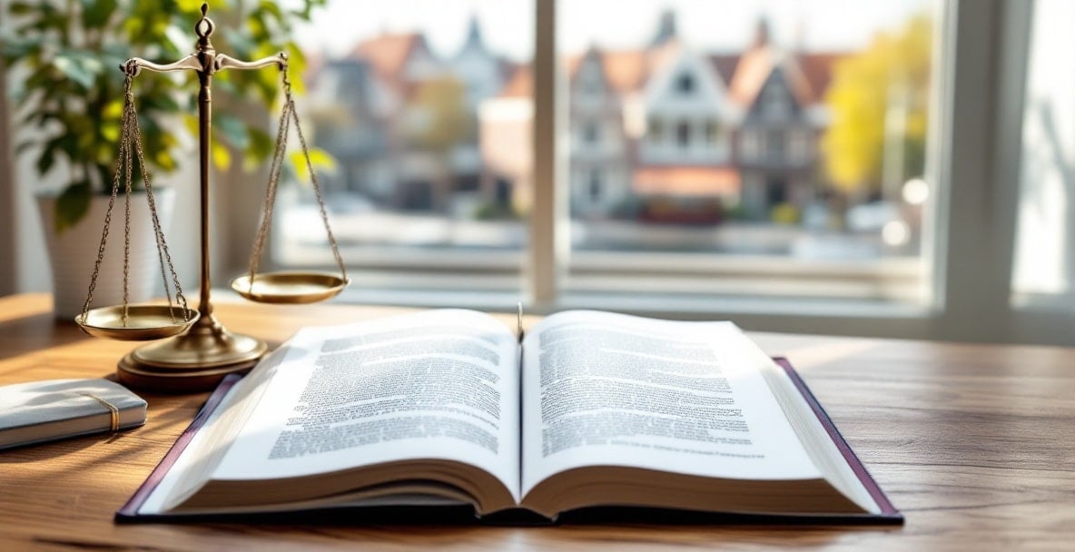 Close-up of Dutch legal book and justice scale on desk, with a historic cityscape through the window.