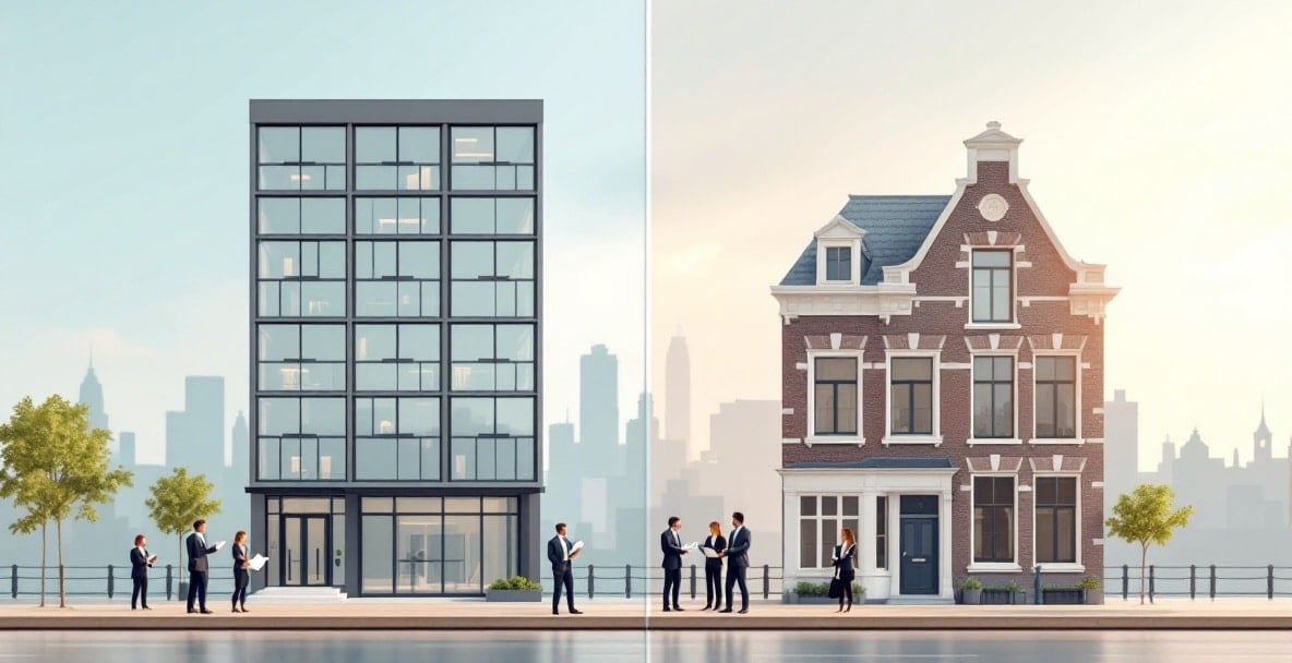 Split scene of Dutch tenancy law and real estate regulations with Amsterdam skyline and professionals.