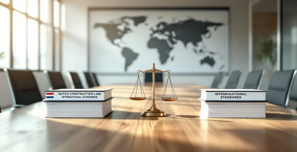 Comparing Dutch Construction Law to International Standards 1 Comparison of Dutch Construction Law with international standards in a modern conference room.