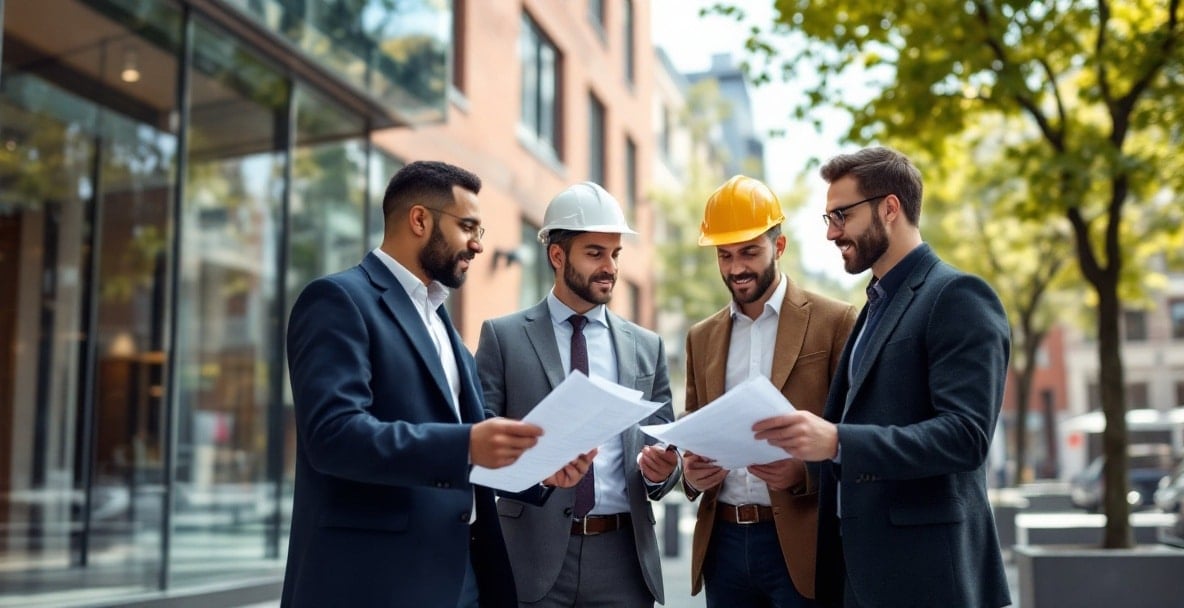 Professionals discuss Dutch construction law outside a modern courthouse with glass windows and brickwork.