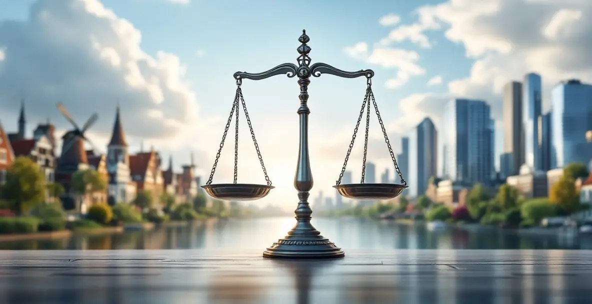 Comparing Dutch Construction Law to International Standards 3 Balanced scale with Dutch and global cityscapes in soft lighting.