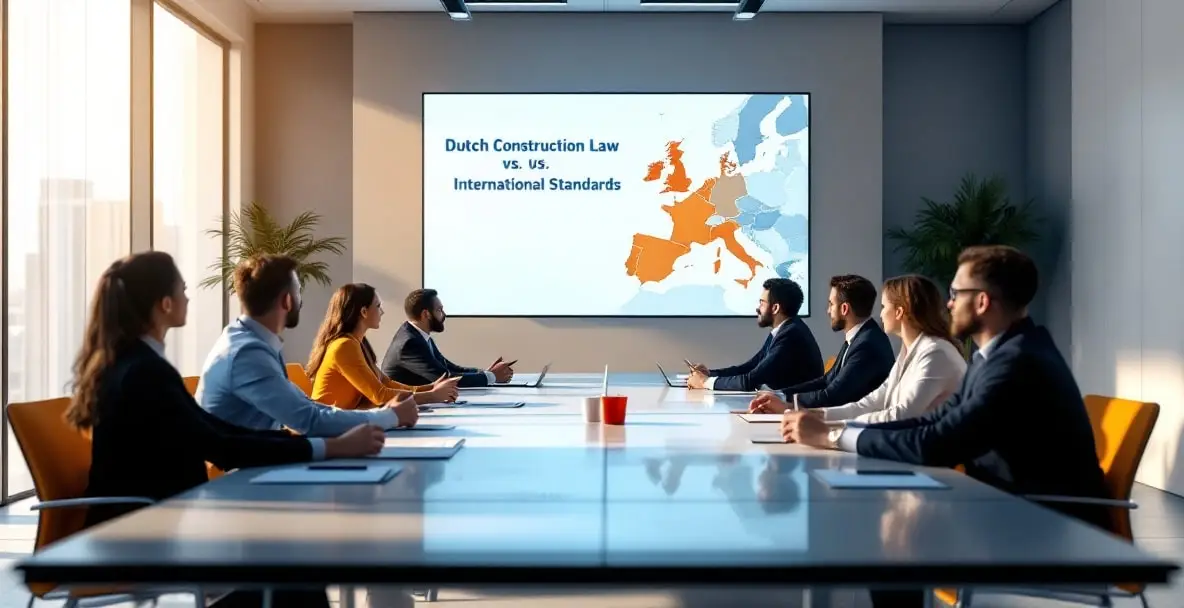 Comparing Dutch Construction Law to International Standards 4 Conference room meeting on Dutch construction law with diverse stakeholders.