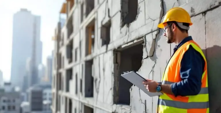 A construction worker in a hard hat inspecting a cracked concrete wall
