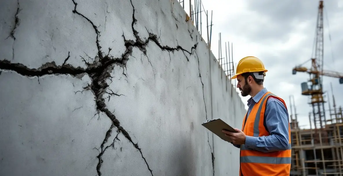 Construction site with structural flaws; worker examines cracked wall with exposed rebar.