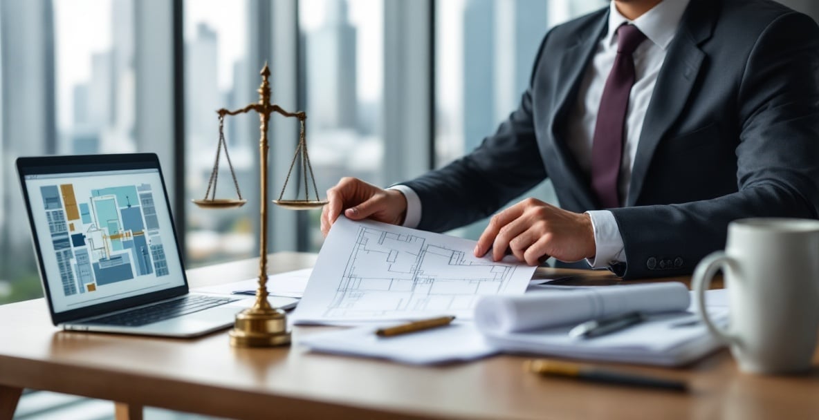 Lawyer in modern office reviewing construction defect documents.