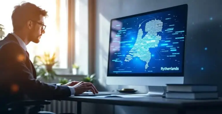 A man working at a computer displaying a glowing digital brain