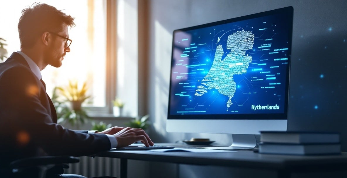 Professional typing on laptop in office, digital map of Netherlands on screen, symbolizing cybercrime and law expertise.