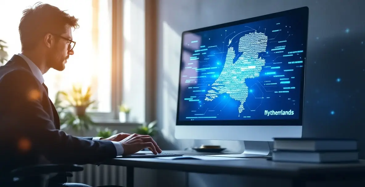 Cybercrime and Hacking in the Netherlands: What Are the Legal Limits? 1 Professional typing on laptop in office, digital map of Netherlands on screen, symbolizing cybercrime and law expertise.