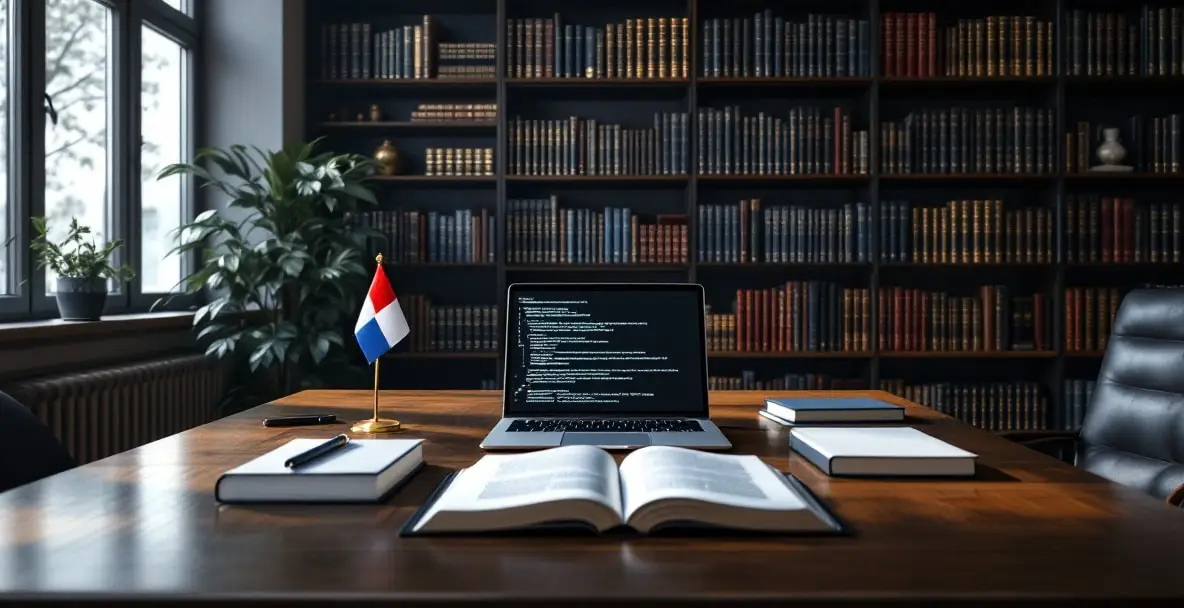 Cybercrime and Hacking in the Netherlands: What Are the Legal Limits? 2 Modern Dutch law library with a central table, law books, laptop, and subtle Netherlands flag elements.