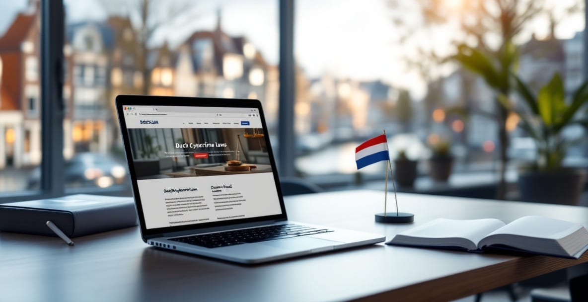 Modern Dutch office with laptop showing Dutch cybercrime laws, a legal code book, and a small Dutch flag on the desk.