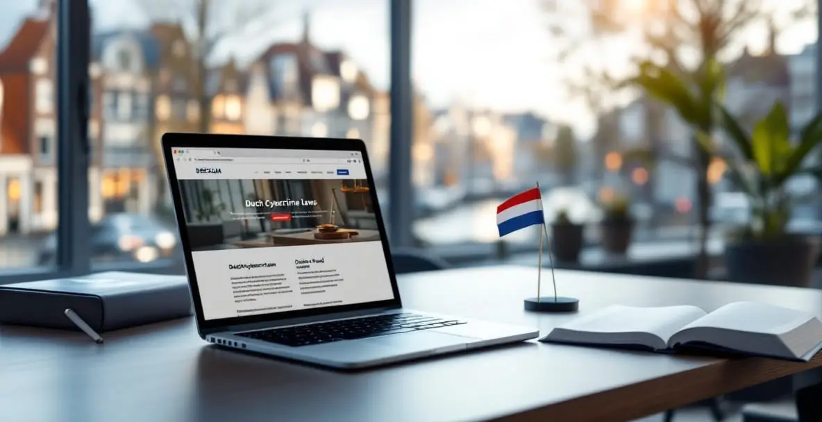 Cybercrime and Hacking in the Netherlands: What Are the Legal Limits? 3 Modern Dutch office with laptop showing Dutch cybercrime laws, a legal code book, and a small Dutch flag on the desk.