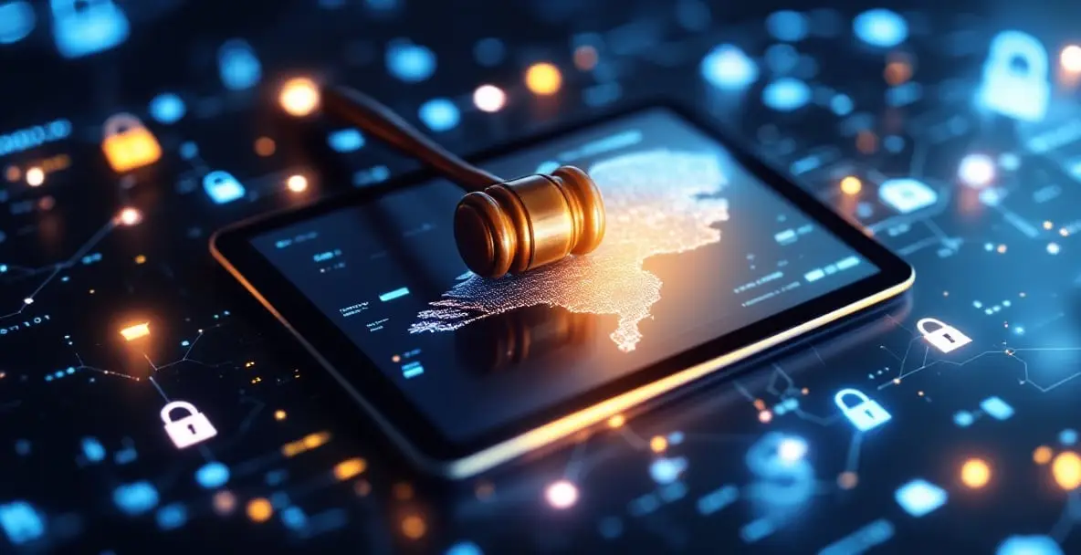 Cybercrime and Hacking in the Netherlands: What Are the Legal Limits? 4 Gavel on digital tablet showing Netherlands map with cybersecurity icons around it.