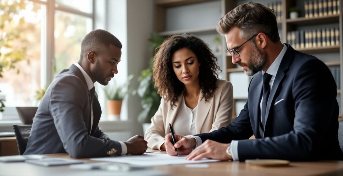 Заңгер мен клиент заманауи кеңседе заңды құжаттарды талқылайды.