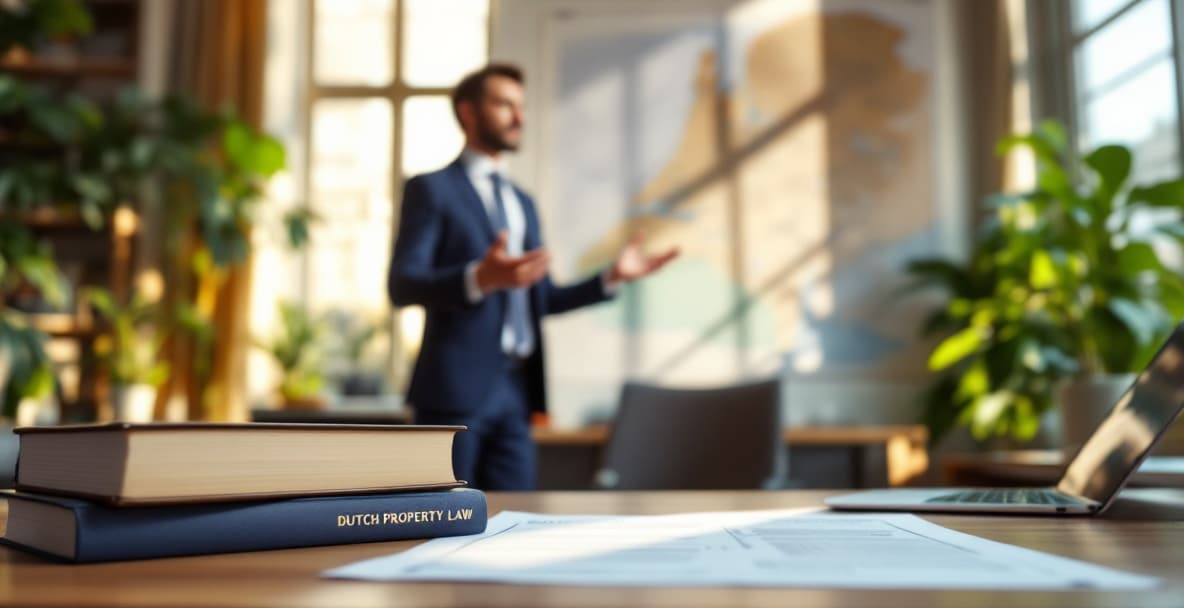 Заңгер кеңседе заңды құжаттары мен картасы бар голландиялық жалдау заңдарын талқылап жатыр.