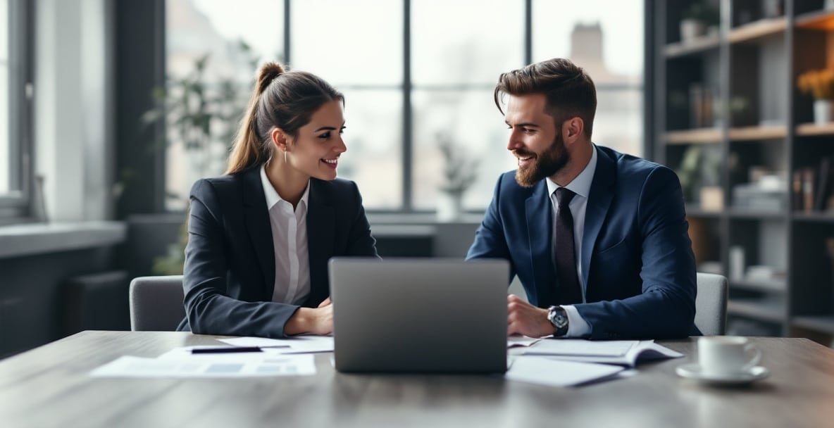 Екі кәсіпкер голландиялық заң кітаптарымен заманауи кеңседе жалға алудың алдын алуды талқылайды.