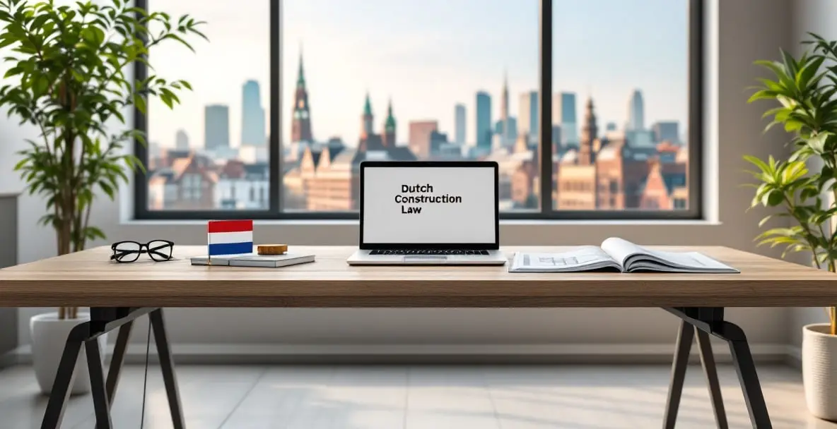 Dutch Construction Law: Tips for Builders and Contractors 1 Office setup with a book on Dutch Construction Law, laptop showing blueprints, and a Dutch flag.
