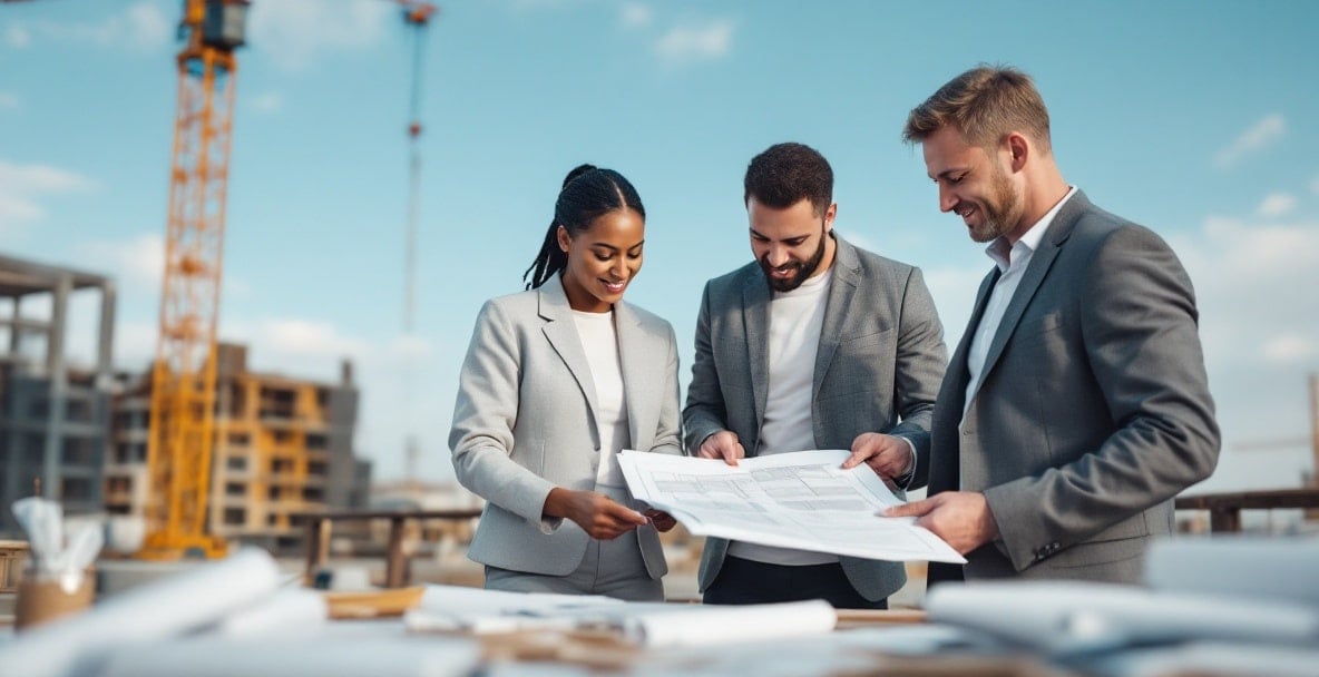 Professionals discuss legal frameworks at a Dutch construction site.