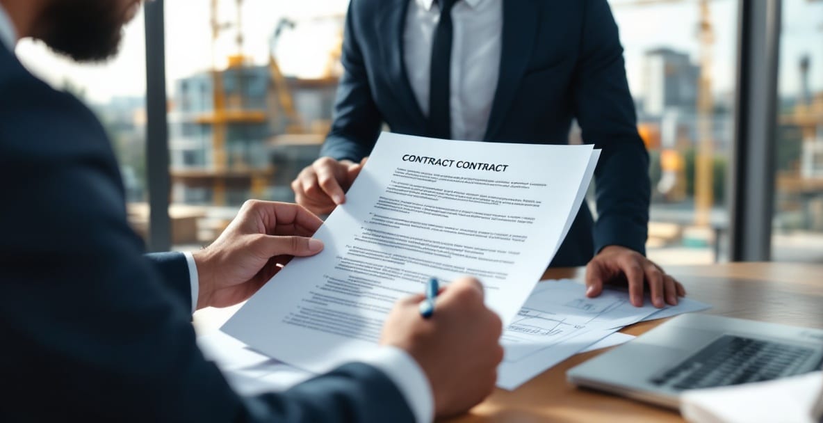Two professionals review a contract at a Dutch construction site with cranes in the background.