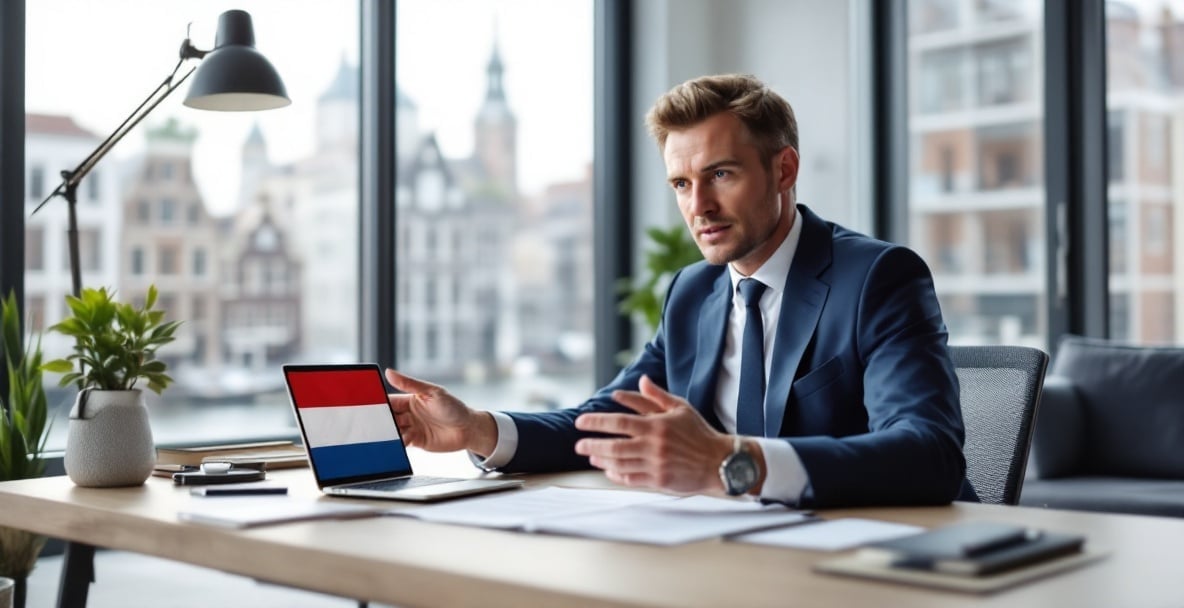 Dutch legal consultant discussing a document in a modern office with Amsterdam skyline view.