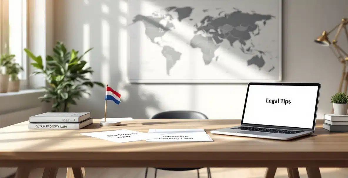 Professional legal office with desk featuring Dutch property law materials and world map highlighting the Netherlands.